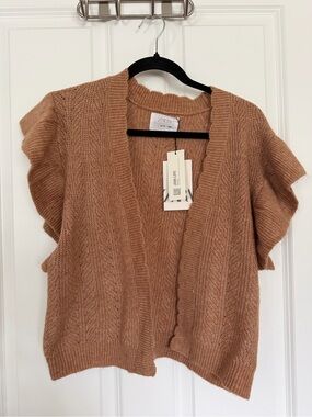 Zara Camel Open-Front Short Sleeve Chunky Knit Cardigan